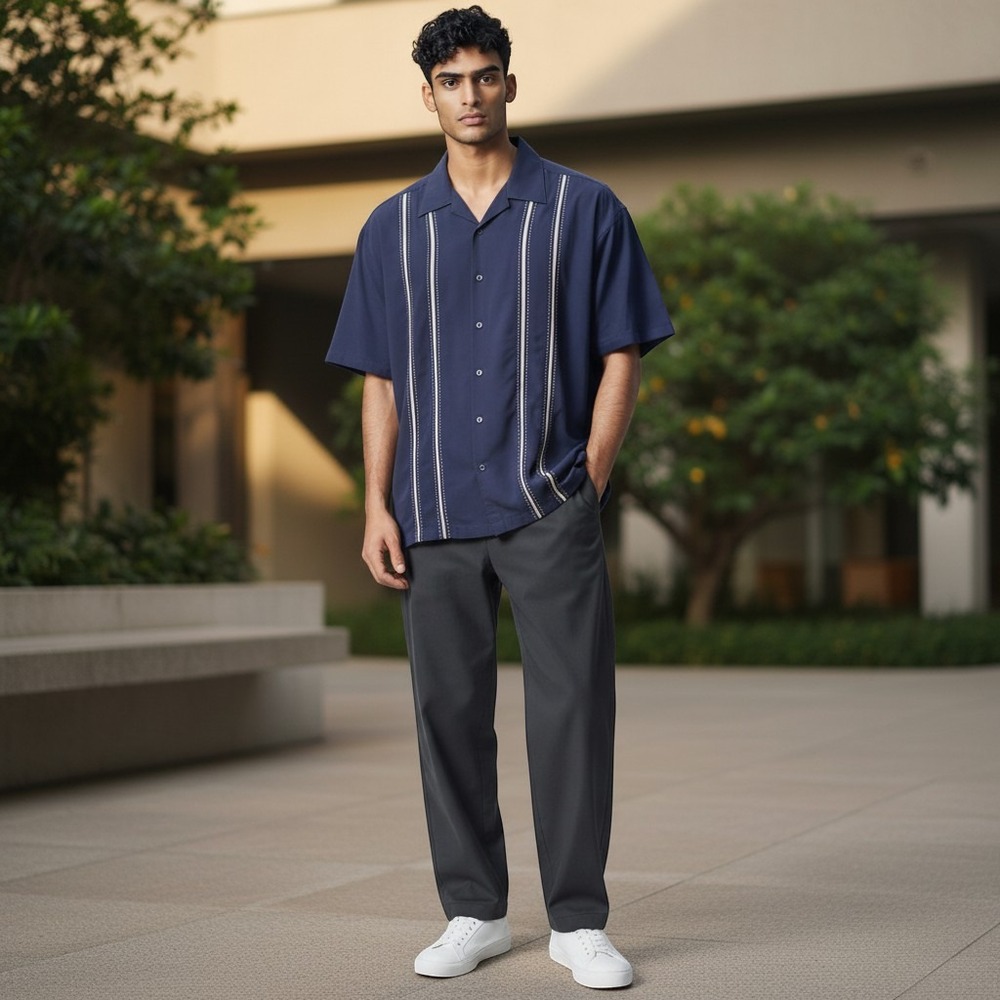 Cubavera Mens XXL Navy Blue Striped Short Sleeve Rayon Blend Camp Shirt